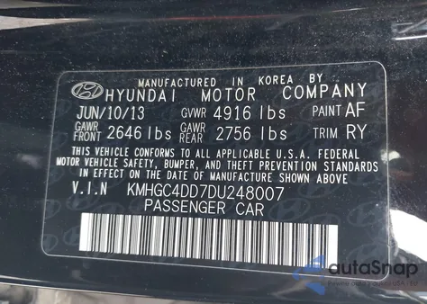 2013 Hyundai Genesis 3.8L из США, поврежденный, VIN KMHGC4DD7DU248007